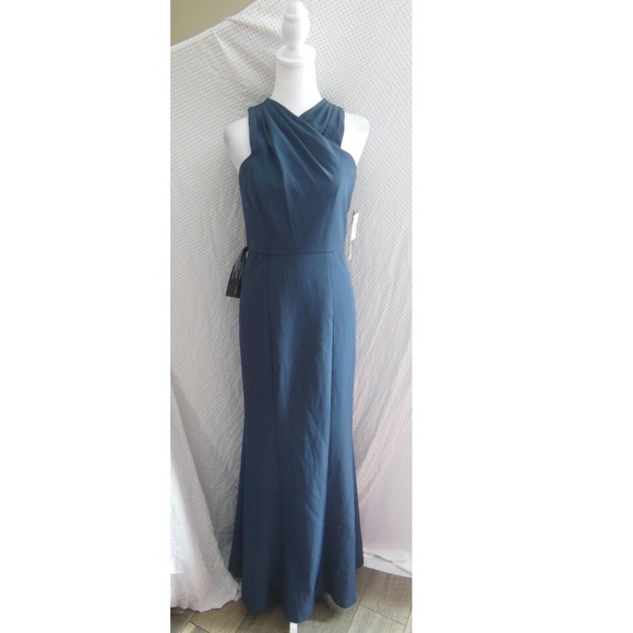 NEW KAY UNGER Prussian Blue TALIA Stretch Crepe PLEATED HALTER Column GOWN 2 - Picture 5 of 12